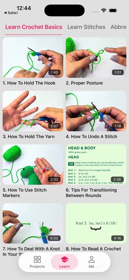 Learn tab listing numbered crochet basics lessons with video thumbnails and durations.