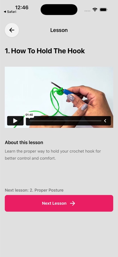 A lesson screen playing a video on how to hold the hook.